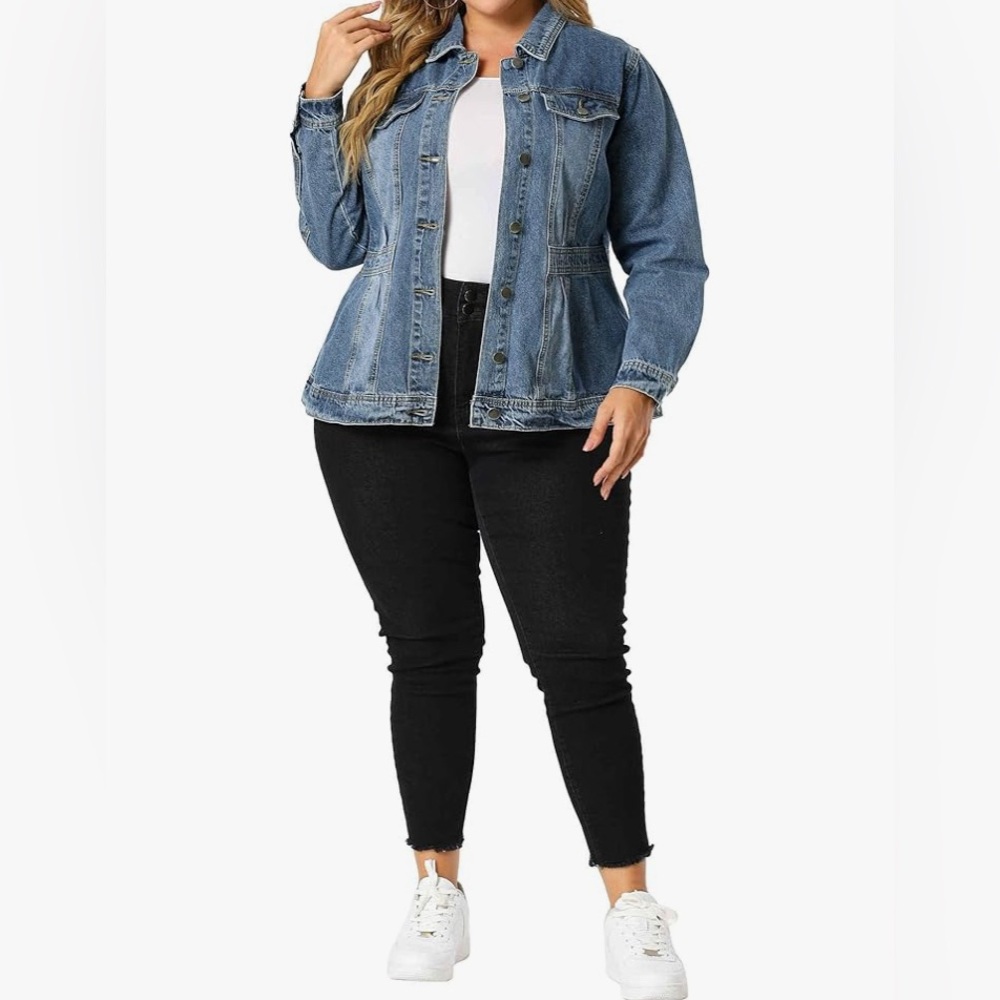 Agnes Orinda Plus Size Fashion Outerwear Long Sleeve Button Denim Jacket, Blue - Picture 3 of 9
